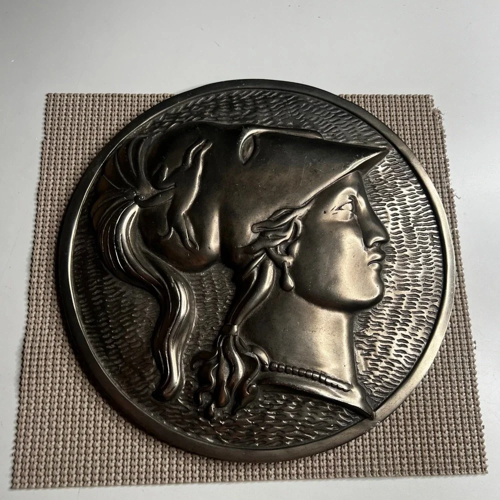 Vintage Greek Athena Minerva Medallion Wall Plaque Cast Metal Relief 11 Inch